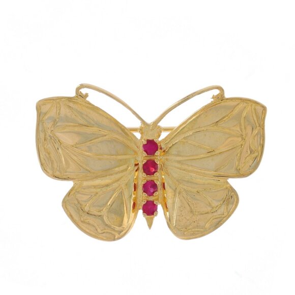 Yellow Gold Ruby Butterfly Brooch Pin - 14k Round Brilliant .20ctw Nature
